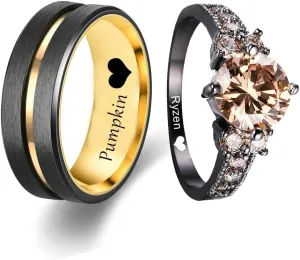 Custom Engraved Couple Rings Set Promise Rings for Him and Her Purple Matching Wedding Rings Inlaid with green,red and blue outer circle Central groove Men Wedding Band CZ Engagement Ring for Women