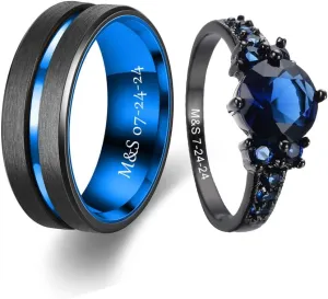 Custom Engraved Couple Rings Set Promise Rings for Him and Her Purple Matching Wedding Rings Inlaid with green,red and blue outer circle Central groove Men Wedding Band CZ Engagement Ring for Women