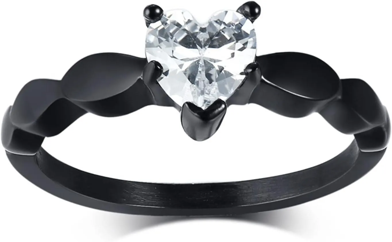 Custom Rings for Couples Stainless Steel, Marry Rings for Couples Size 6-12 Black Ring 6MM Heart Zirconia