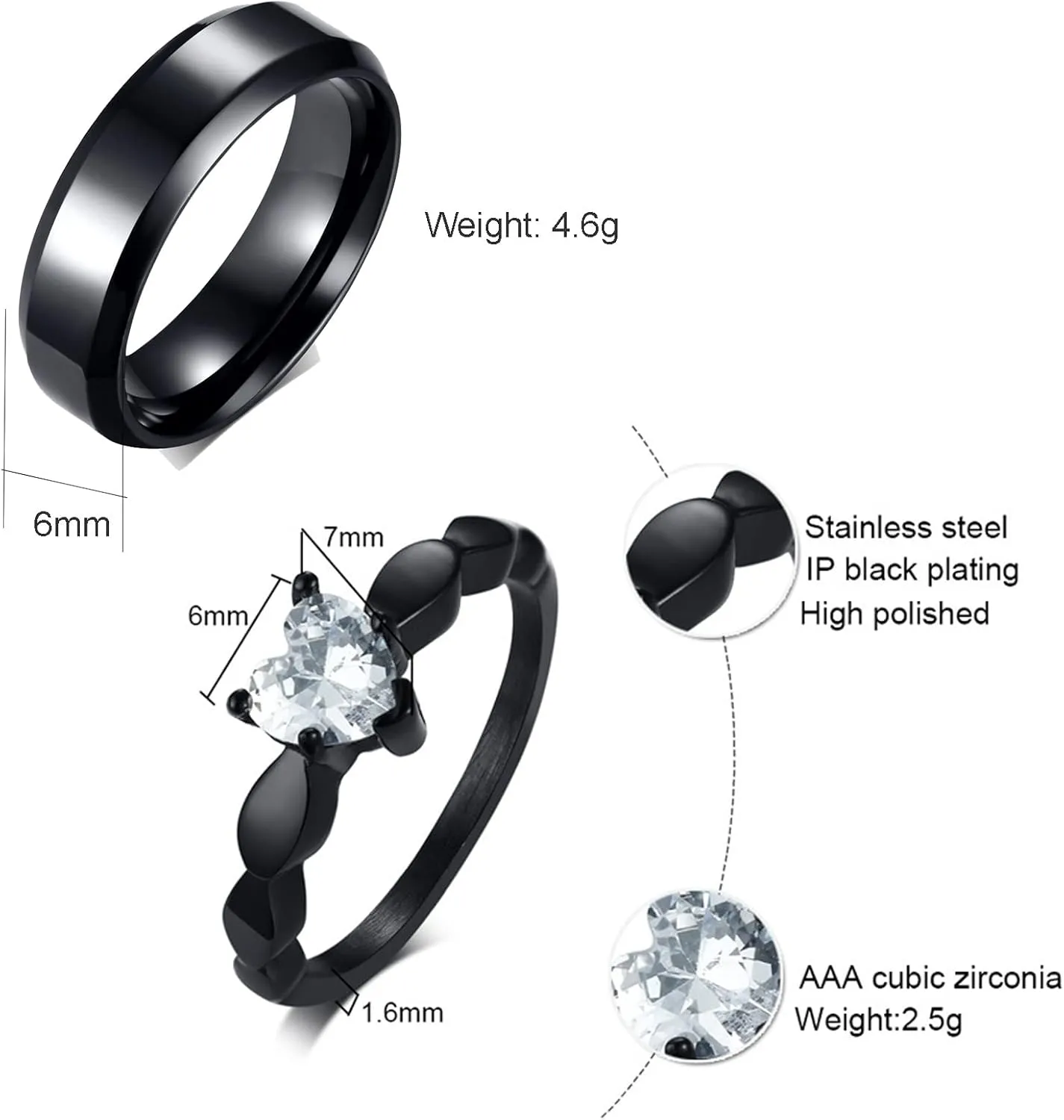 Custom Rings for Couples Stainless Steel, Marry Rings for Couples Size 6-12 Black Ring 6MM Heart Zirconia