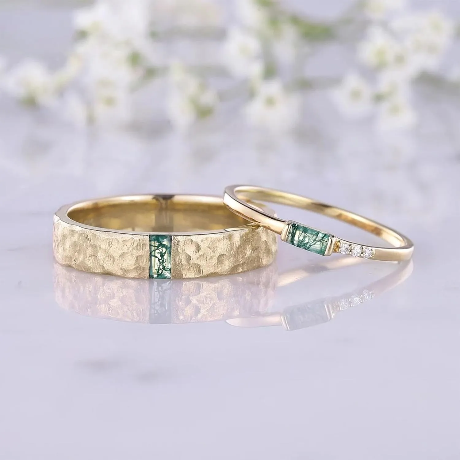 Customized Moss Agate Couple Rings - 925 Sterling Silver Moss Agate Engagement & Promise Rings - Green Couple Rings Set - Anniversary & Wedding Gifts