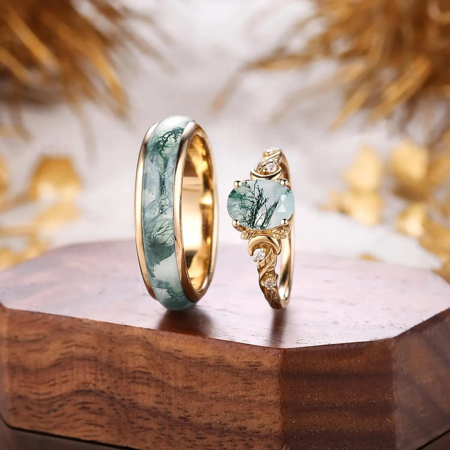 Customized Moss Agate Couple Rings - 925 Sterling Silver Moss Agate Engagement & Promise Rings - Green Couple Rings Set - Anniversary & Wedding Gifts
