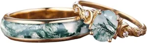 Customized Moss Agate Couple Rings - 925 Sterling Silver Moss Agate Engagement & Promise Rings - Green Couple Rings Set - Anniversary & Wedding Gifts