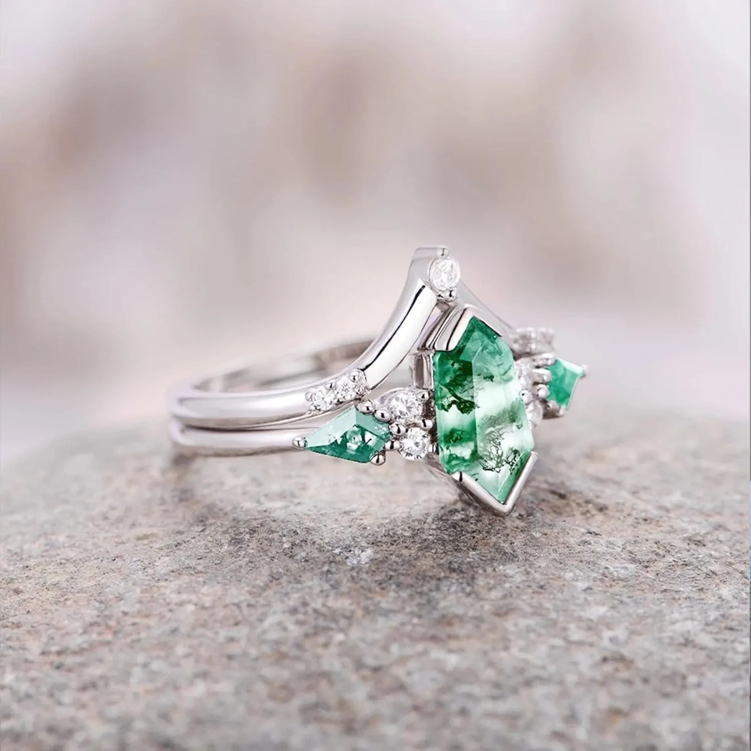 Customized Moss Agate Couple Rings - 925 Sterling Silver Moss Agate Engagement & Promise Rings - Green Couple Rings Set - Anniversary & Wedding Gifts