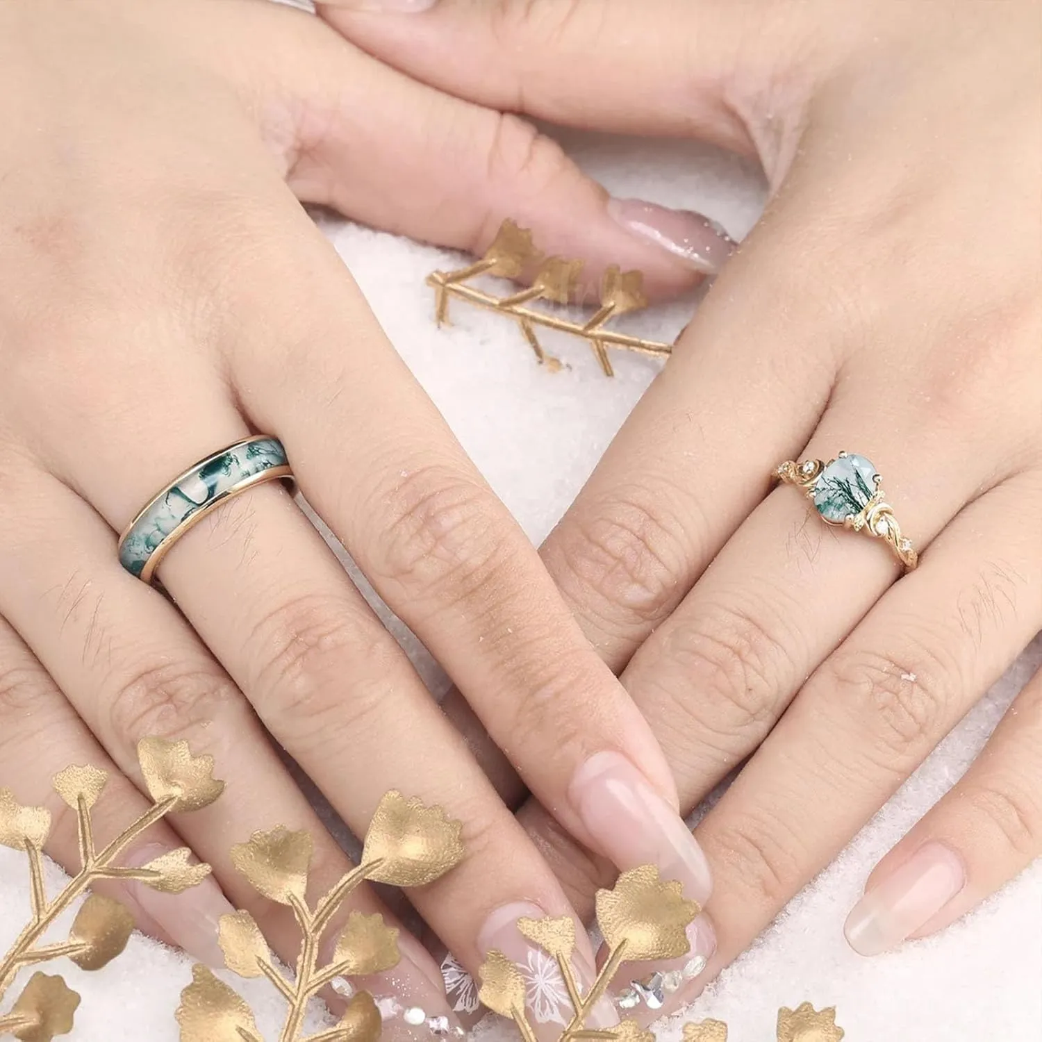 Customized Moss Agate Couple Rings - 925 Sterling Silver Moss Agate Engagement & Promise Rings - Green Couple Rings Set - Anniversary & Wedding Gifts