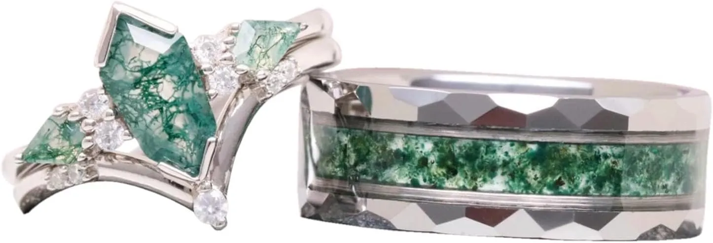 Customized Moss Agate Couple Rings - 925 Sterling Silver Moss Agate Engagement & Promise Rings - Green Couple Rings Set - Anniversary & Wedding Gifts