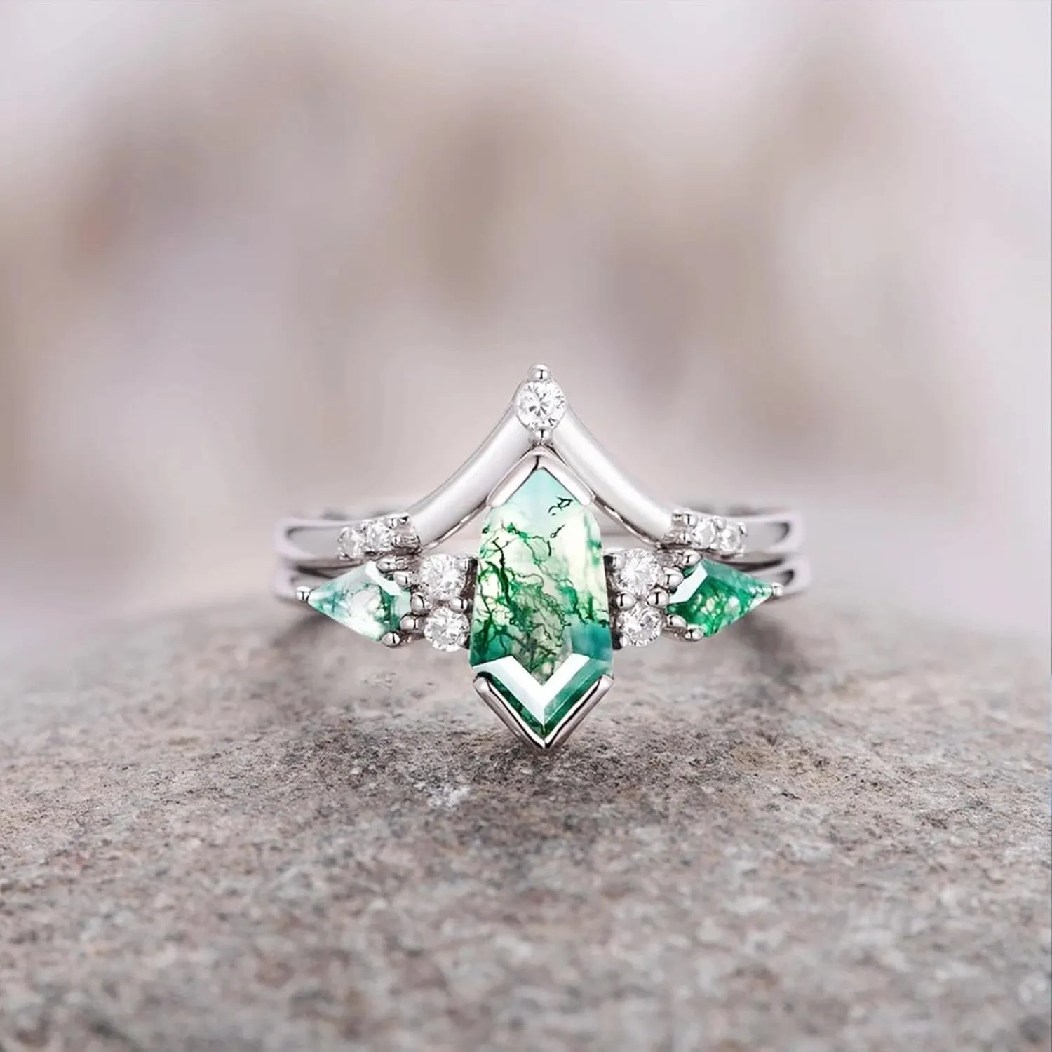 Customized Moss Agate Couple Rings - 925 Sterling Silver Moss Agate Engagement & Promise Rings - Green Couple Rings Set - Anniversary & Wedding Gifts