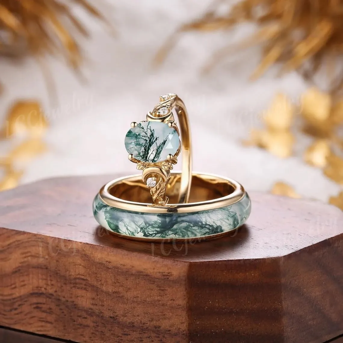Customized Moss Agate Couple Rings - 925 Sterling Silver Moss Agate Engagement & Promise Rings - Green Couple Rings Set - Anniversary & Wedding Gifts