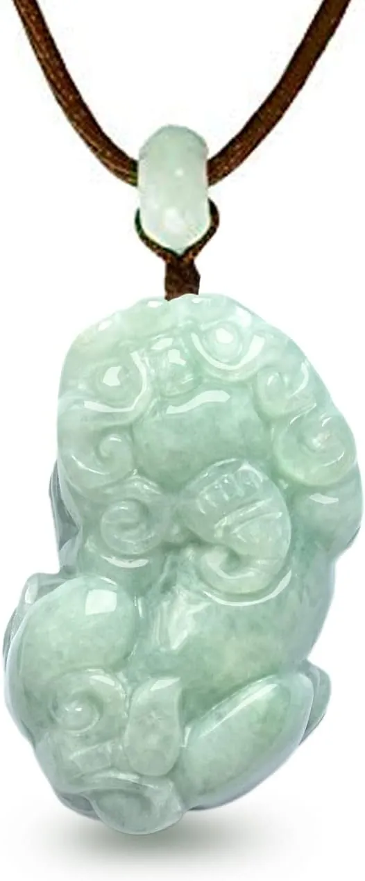Dahlia Fortune Pixiu Jade Necklace, Real Grade A Certified Burma Jadeite Pi Yao, Adjustable Cord