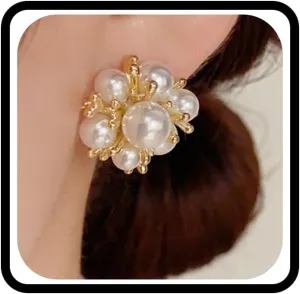 Dainty Pearl Flower Stud Earrings for Women,Charming Flower Ball Cluster Statement Dangle Earrings Delicate Anniversary Birthday Jewelry Gifts
