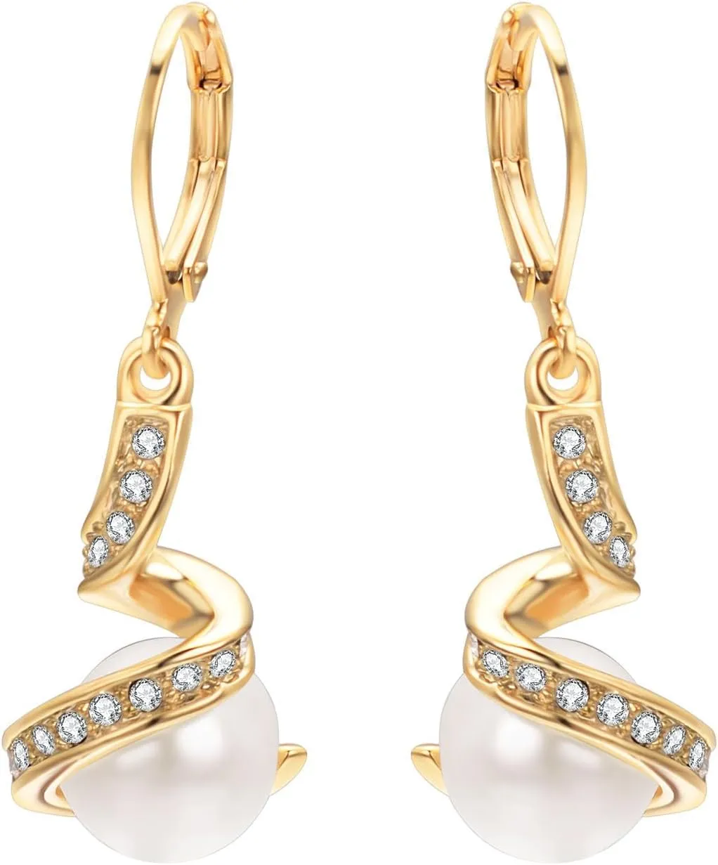 Dainty Pearl Leverback Dangle Earrings for Women 18K Gold Plated Rhinestone Hoop Drop Earrings Women Dangling Jewelry