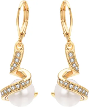 Dainty Pearl Leverback Dangle Earrings for Women 18K Gold Plated Rhinestone Hoop Drop Earrings Women Dangling Jewelry