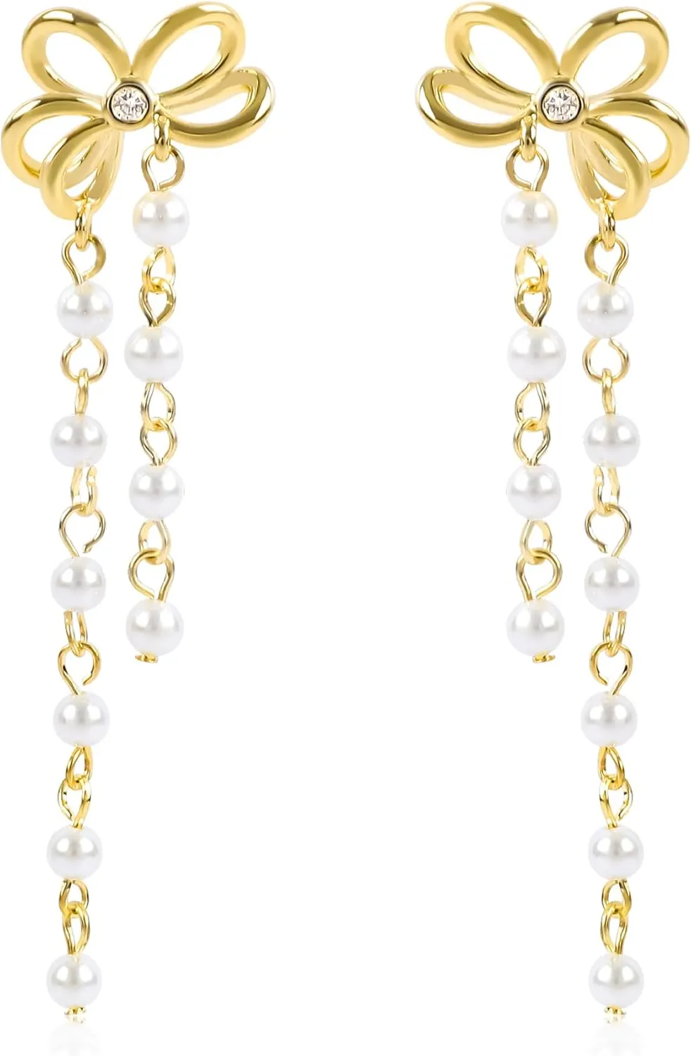 Dangle Gold Bow Earrings for Women with Pearl Chain Tassel 14K Gold Plated Bowknot Earrings Tiny Pearl Tassel Bow Knot Elegant Drop Dainty Small Bow Knot Earrings Wedding Party Jewelry Gift for Women