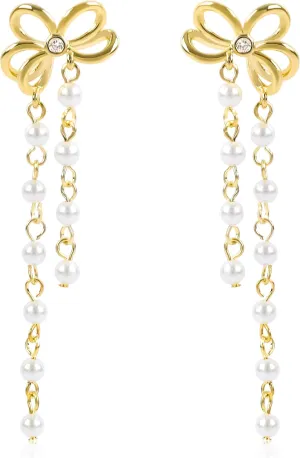 Dangle Gold Bow Earrings for Women with Pearl Chain Tassel 14K Gold Plated Bowknot Earrings Tiny Pearl Tassel Bow Knot Elegant Drop Dainty Small Bow Knot Earrings Wedding Party Jewelry Gift for Women