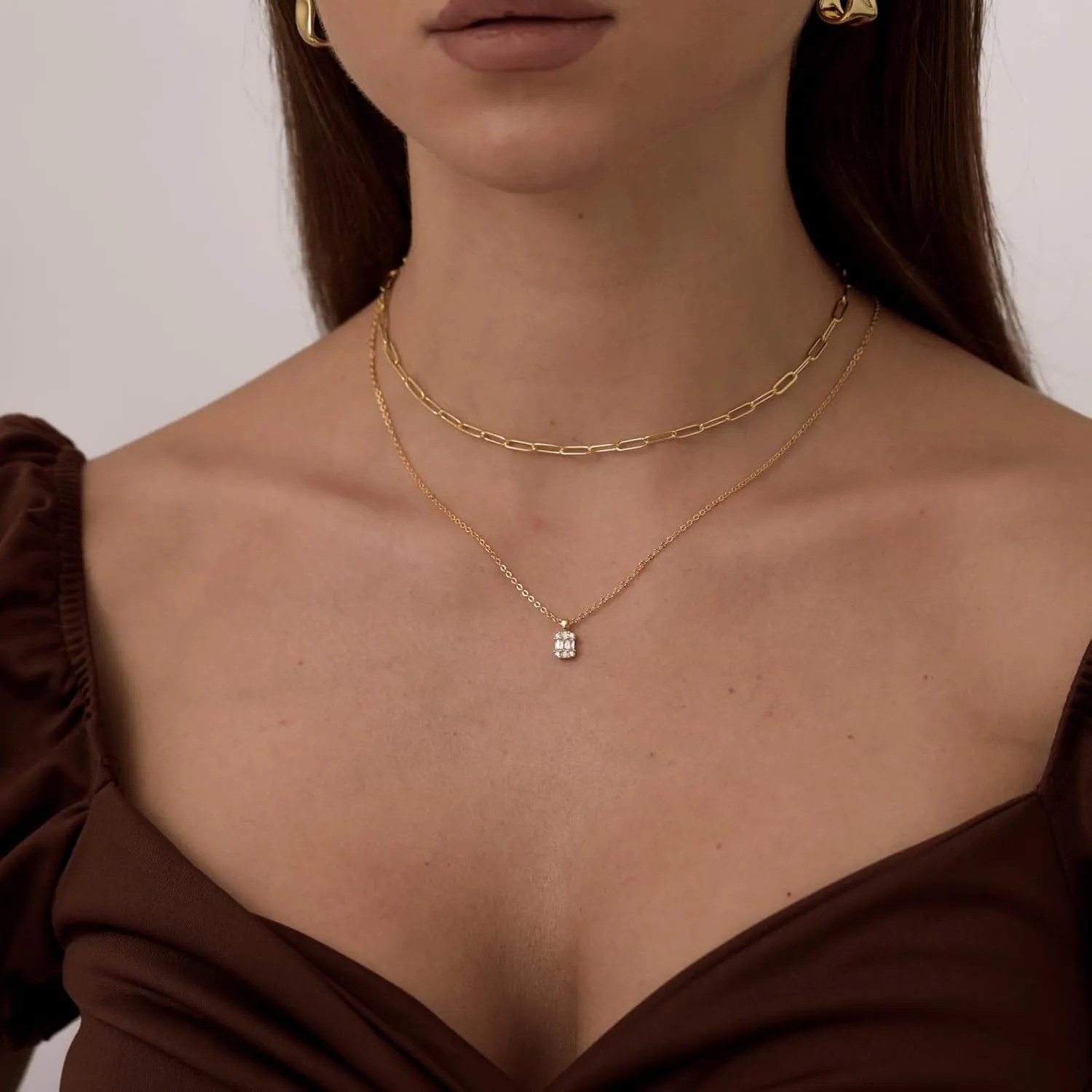 Diamond Pendant Necklace for WomenLayered Necklace Dainty Gold Necklace 14K Gold Plated Stacked Paperclip Bead Herringbone Snake Chain Choker Necklaces Small Simple CZ Necklace Gold Jewelry