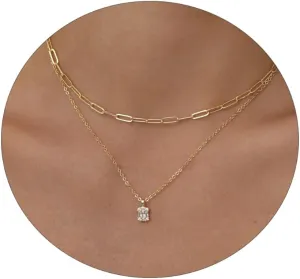 Diamond Pendant Necklace for WomenLayered Necklace Dainty Gold Necklace 14K Gold Plated Stacked Paperclip Bead Herringbone Snake Chain Choker Necklaces Small Simple CZ Necklace Gold Jewelry