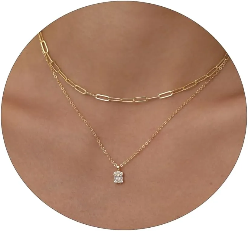 Diamond Pendant Necklace for WomenLayered Necklace Dainty Gold Necklace 14K Gold Plated Stacked Paperclip Bead Herringbone Snake Chain Choker Necklaces Small Simple CZ Necklace Gold Jewelry