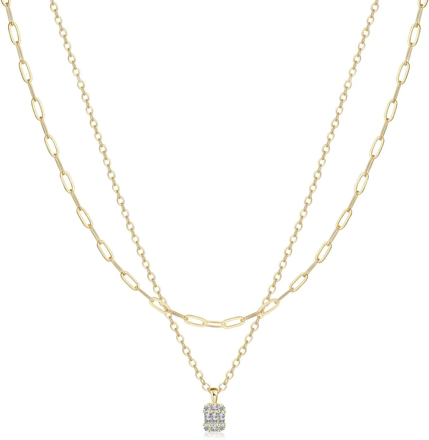 Diamond Pendant Necklace for WomenLayered Necklace Dainty Gold Necklace 14K Gold Plated Stacked Paperclip Bead Herringbone Snake Chain Choker Necklaces Small Simple CZ Necklace Gold Jewelry