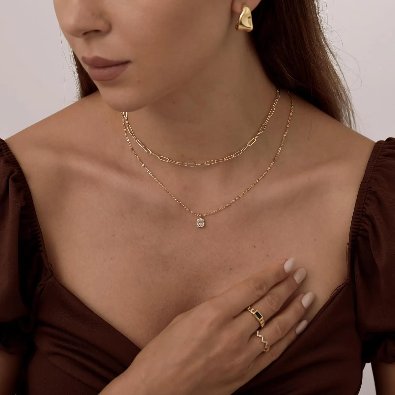 Diamond Pendant Necklace for WomenLayered Necklace Dainty Gold Necklace 14K Gold Plated Stacked Paperclip Bead Herringbone Snake Chain Choker Necklaces Small Simple CZ Necklace Gold Jewelry