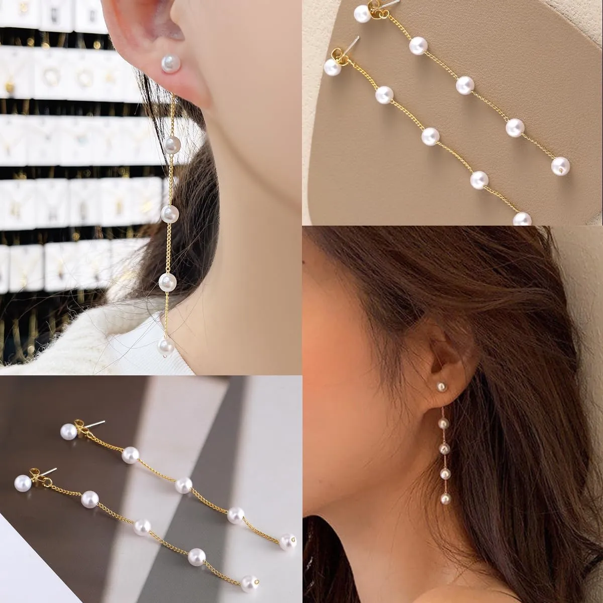 Drop Pearl Earrings, Long Tassel Pearl Chain Stud Earrings, Hypoallergenic, Wedding Earrings for Women