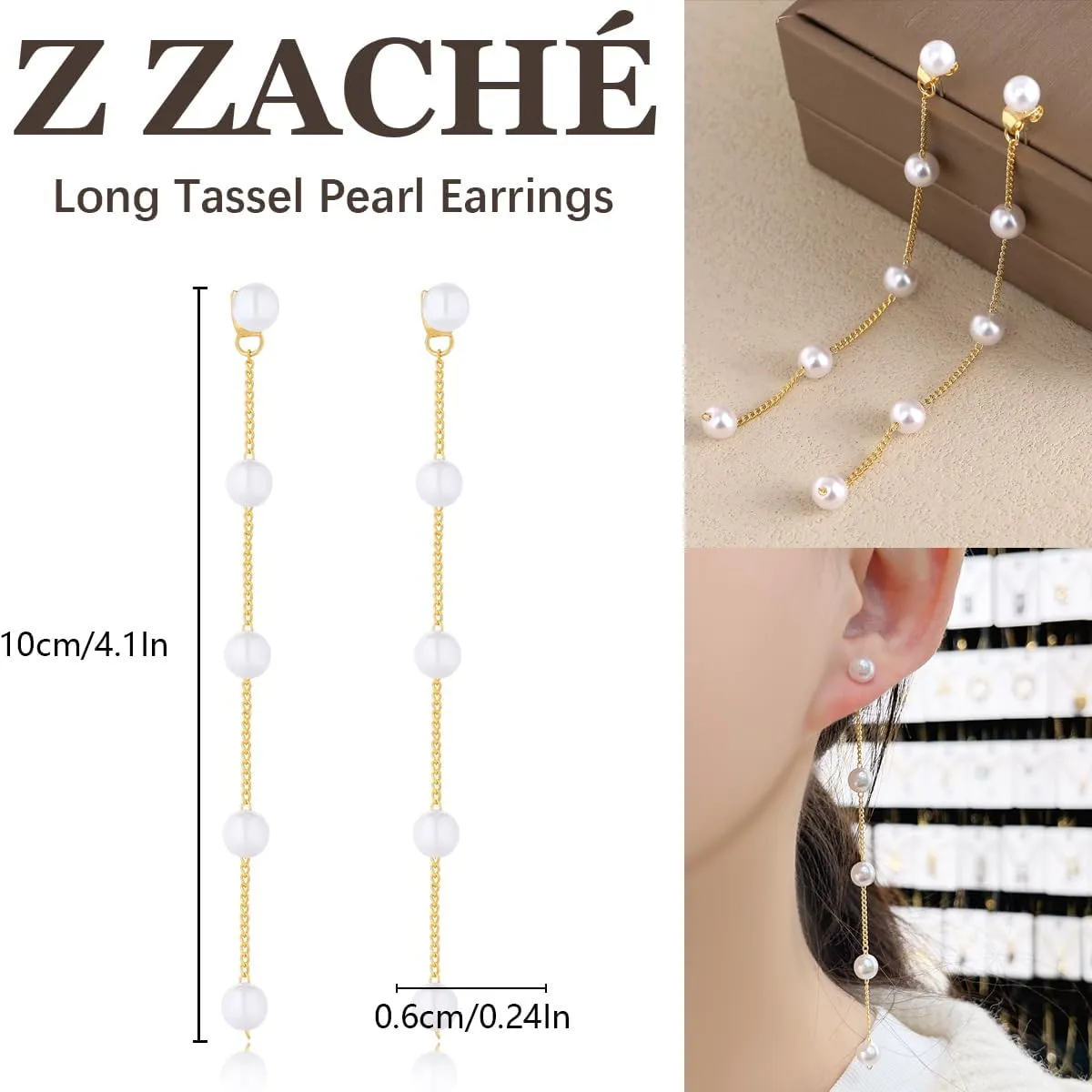 Drop Pearl Earrings, Long Tassel Pearl Chain Stud Earrings, Hypoallergenic, Wedding Earrings for Women