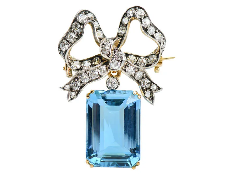 Edwardian Aquamarine & Diamond Bow Brooch Pendant