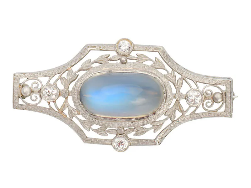 Edwardian Blue Moonstone Platinum Diamond Brooch