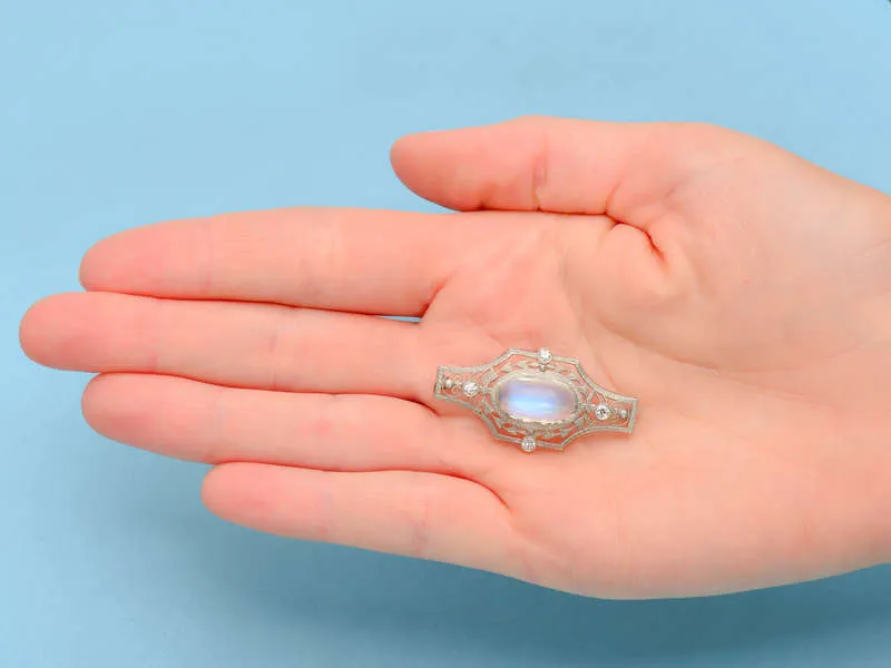 Edwardian Blue Moonstone Platinum Diamond Brooch
