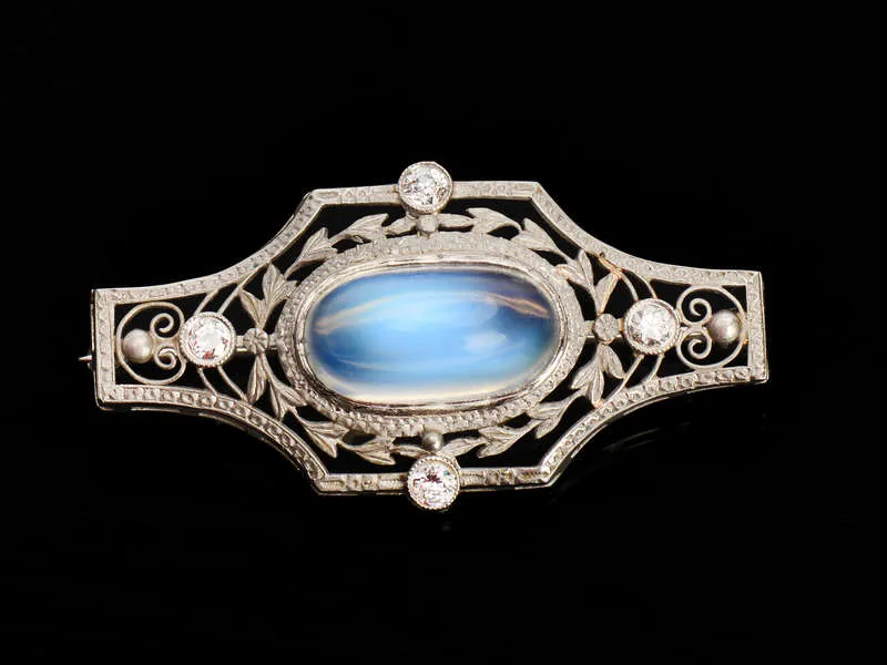 Edwardian Blue Moonstone Platinum Diamond Brooch