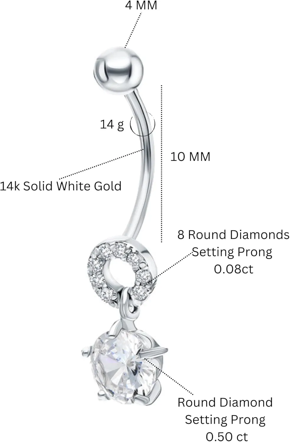 Elegant Round Diamond (0.58ct) Drop Sparkle Belly Button Ring -14k Gold Dangle Belly Ring- Gift for her
