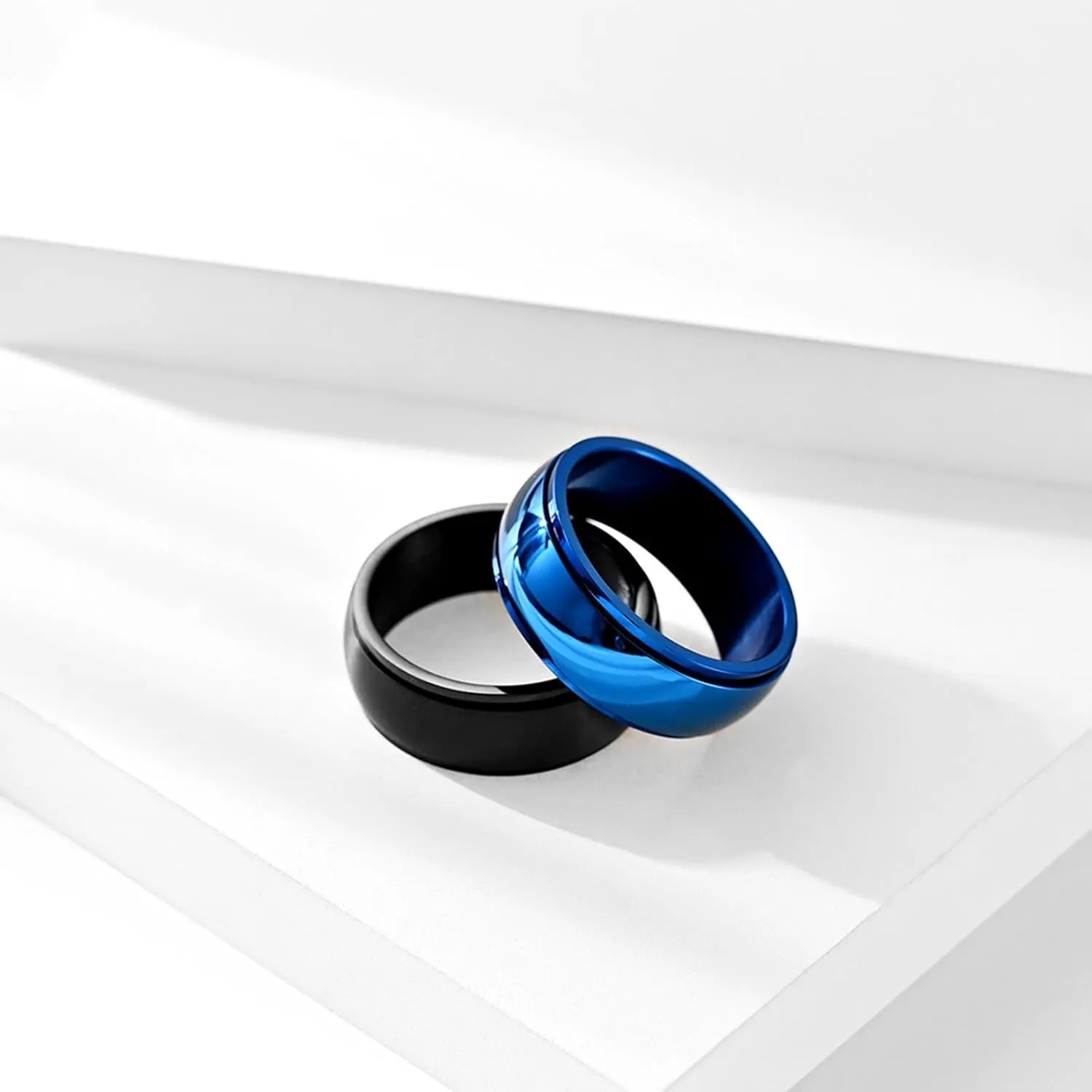 Engagement Ring for Women, Stainless Steel Ring Goth 2PCS Titanium 8mm Spinner Black and Blue Wedding Bands for Couple Engagement Jewelry