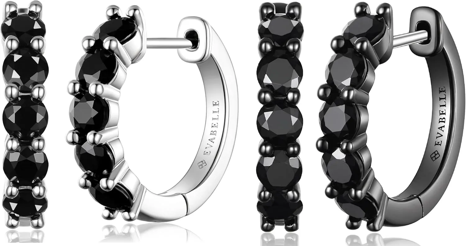Evabelle 2 Pieces Silver Hoop Earrings for Women 18K White Gold Plated Black Earrings for Men Small Silver Hoop Earrings Huggie Silver Hoop Earring Diamond Cut Cubic Zirconia 925 Sterling Silver Post