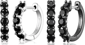 Evabelle 2 Pieces Silver Hoop Earrings for Women 18K White Gold Plated Black Earrings for Men Small Silver Hoop Earrings Huggie Silver Hoop Earring Diamond Cut Cubic Zirconia 925 Sterling Silver Post