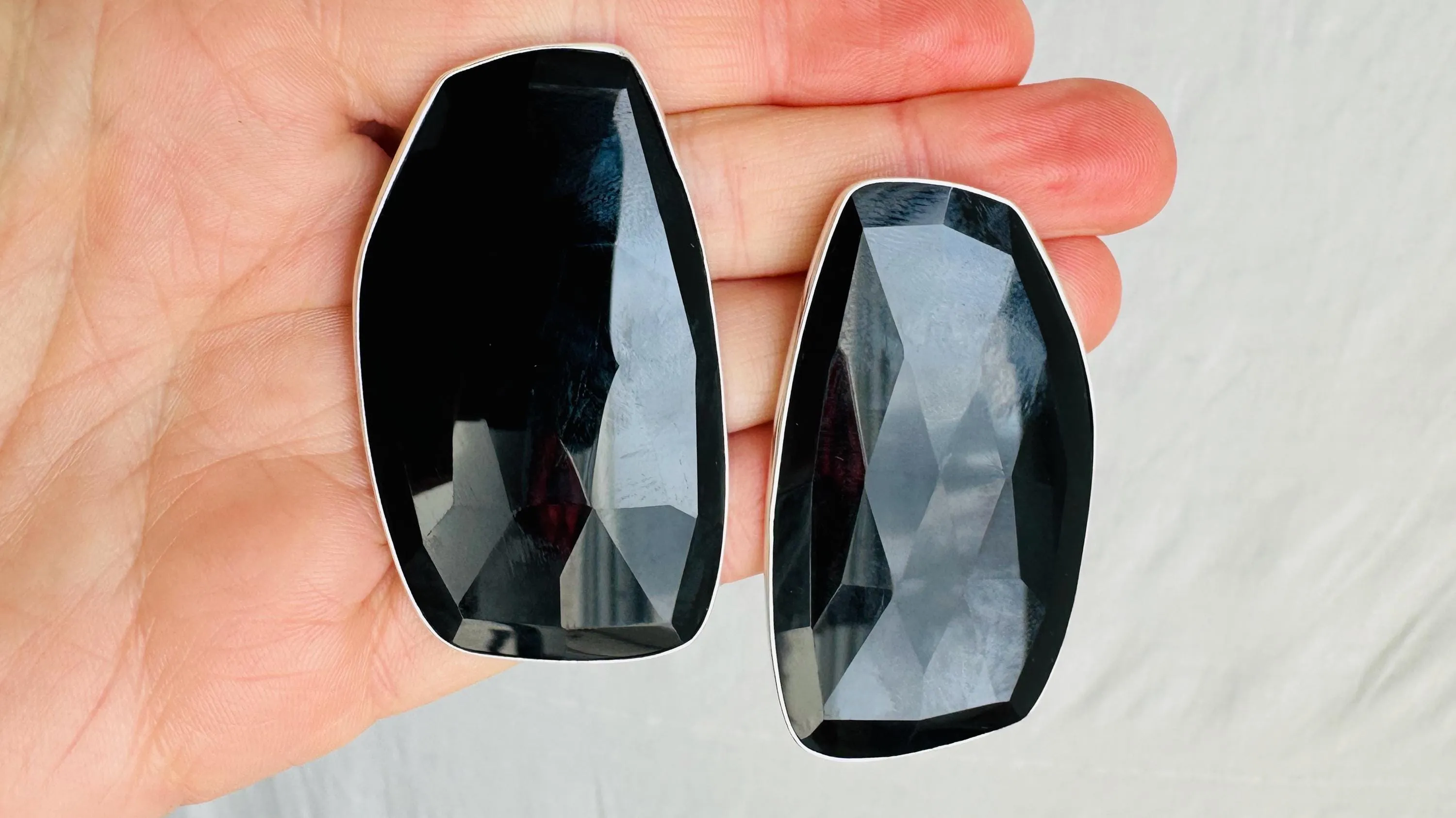 Faceted Oversized Obsidian Earrings. Sterling Silver Posts, One-of-a-Kind. 4162