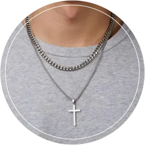 Father Day Gift Cross Necklace for Men Cross Necklaces Layered Chain Cross Pendant Necklace Cuban Link Chain for Men Stainless Steel Cross Pendant Necklace Jewelry Gifts for Men