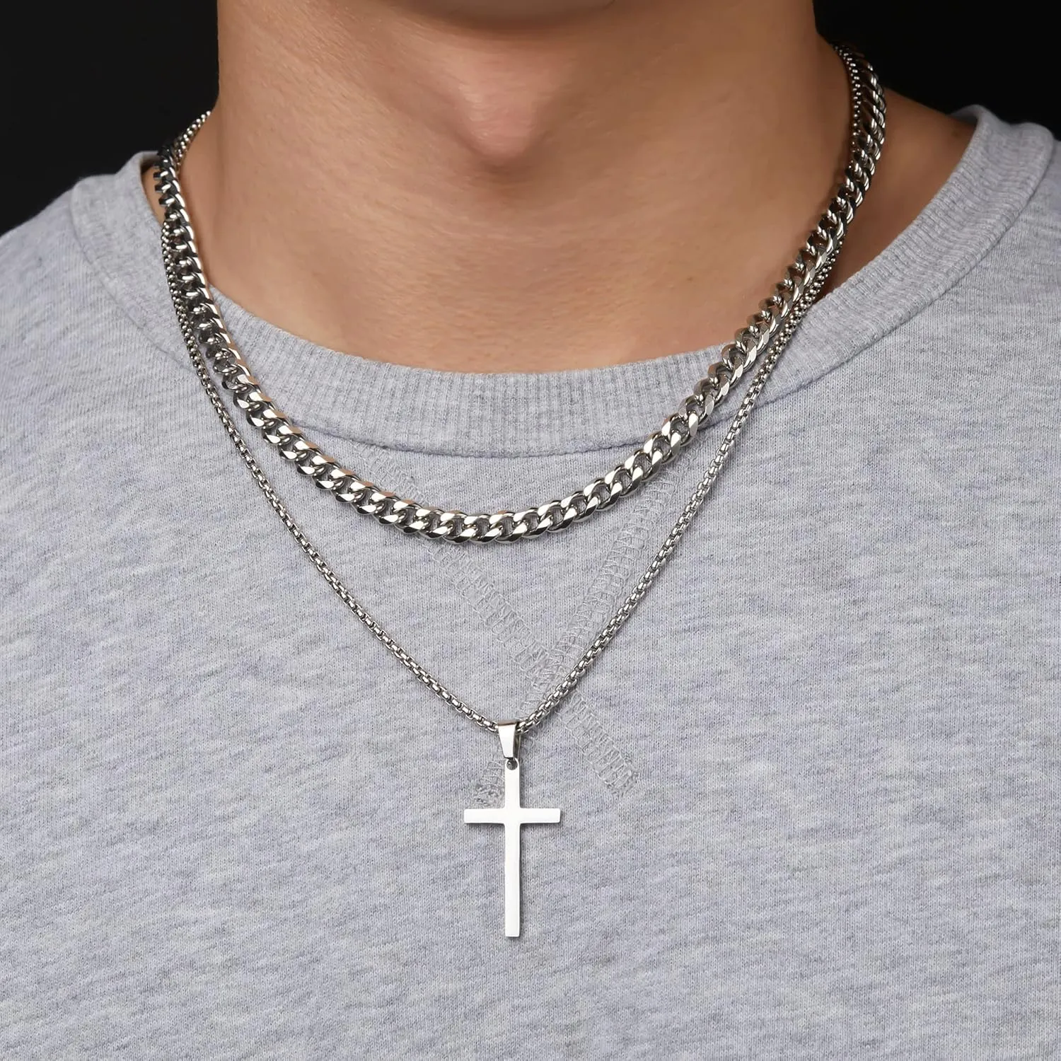 Father Day Gift Cross Necklace for Men Cross Necklaces Layered Chain Cross Pendant Necklace Cuban Link Chain for Men Stainless Steel Cross Pendant Necklace Jewelry Gifts for Men