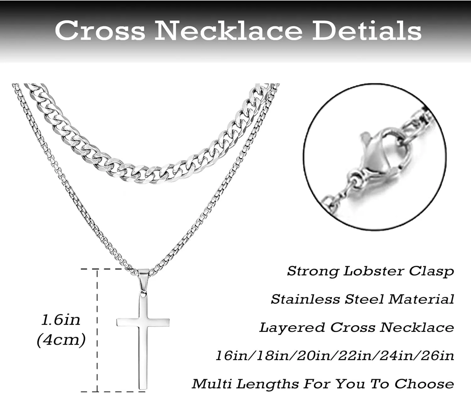 Father Day Gift Cross Necklace for Men Cross Necklaces Layered Chain Cross Pendant Necklace Cuban Link Chain for Men Stainless Steel Cross Pendant Necklace Jewelry Gifts for Men