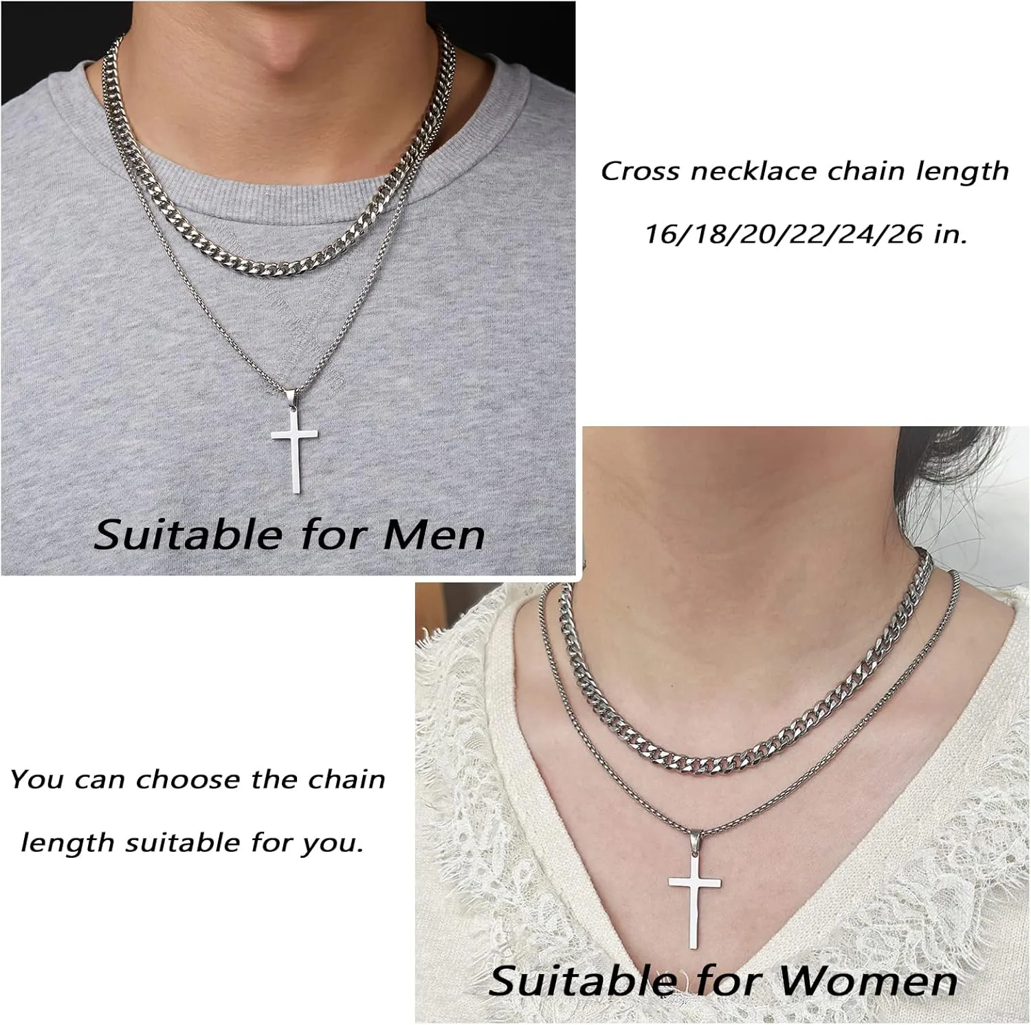 Father Day Gift Cross Necklace for Men Cross Necklaces Layered Chain Cross Pendant Necklace Cuban Link Chain for Men Stainless Steel Cross Pendant Necklace Jewelry Gifts for Men