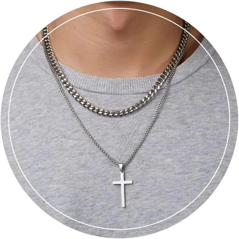 Father Day Gift Cross Necklace for Men Cross Necklaces Layered Chain Cross Pendant Necklace Cuban Link Chain for Men Stainless Steel Cross Pendant Necklace Jewelry Gifts for Men