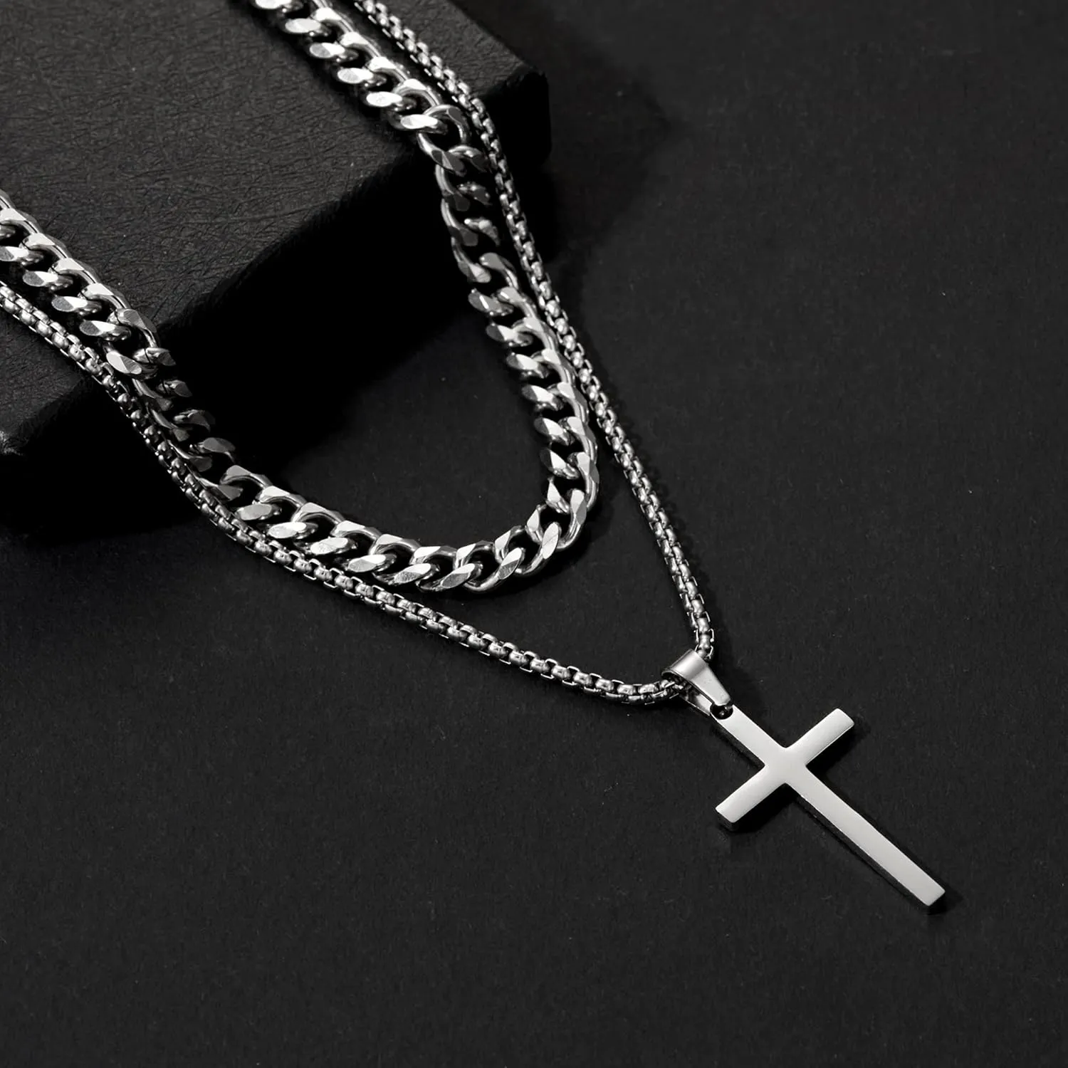 Father Day Gift Cross Necklace for Men Cross Necklaces Layered Chain Cross Pendant Necklace Cuban Link Chain for Men Stainless Steel Cross Pendant Necklace Jewelry Gifts for Men