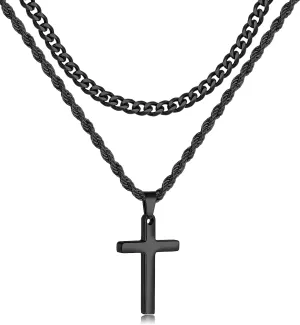 Fiusem 2 Pcs Cross Necklace Chain for Men and Women, Layered Mens Cross Necklaces Stainless Steel Pendant Cuban Link Rope Chain 16-26 Inch, Jewelry Gift