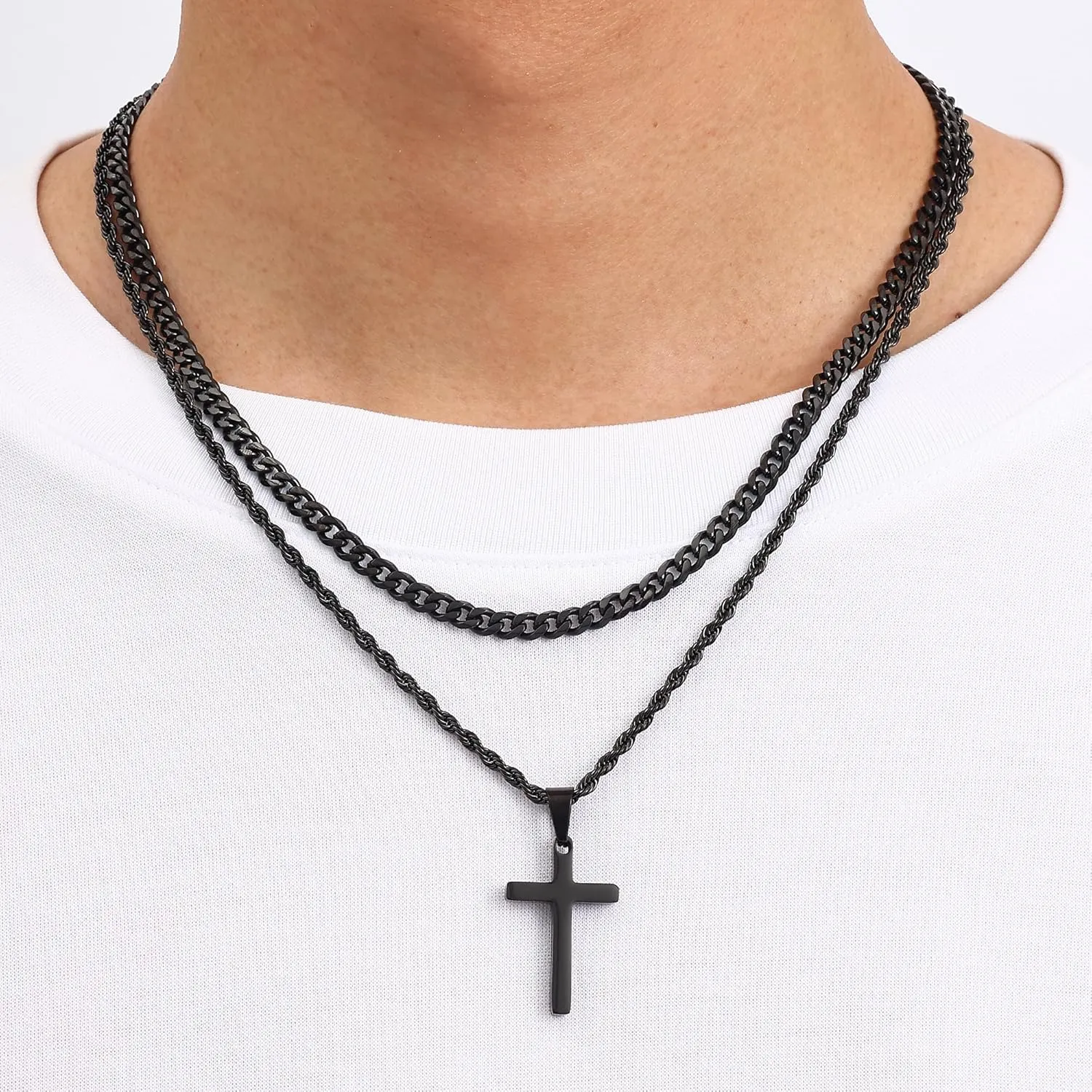Fiusem 2 Pcs Cross Necklace Chain for Men and Women, Layered Mens Cross Necklaces Stainless Steel Pendant Cuban Link Rope Chain 16-26 Inch, Jewelry Gift