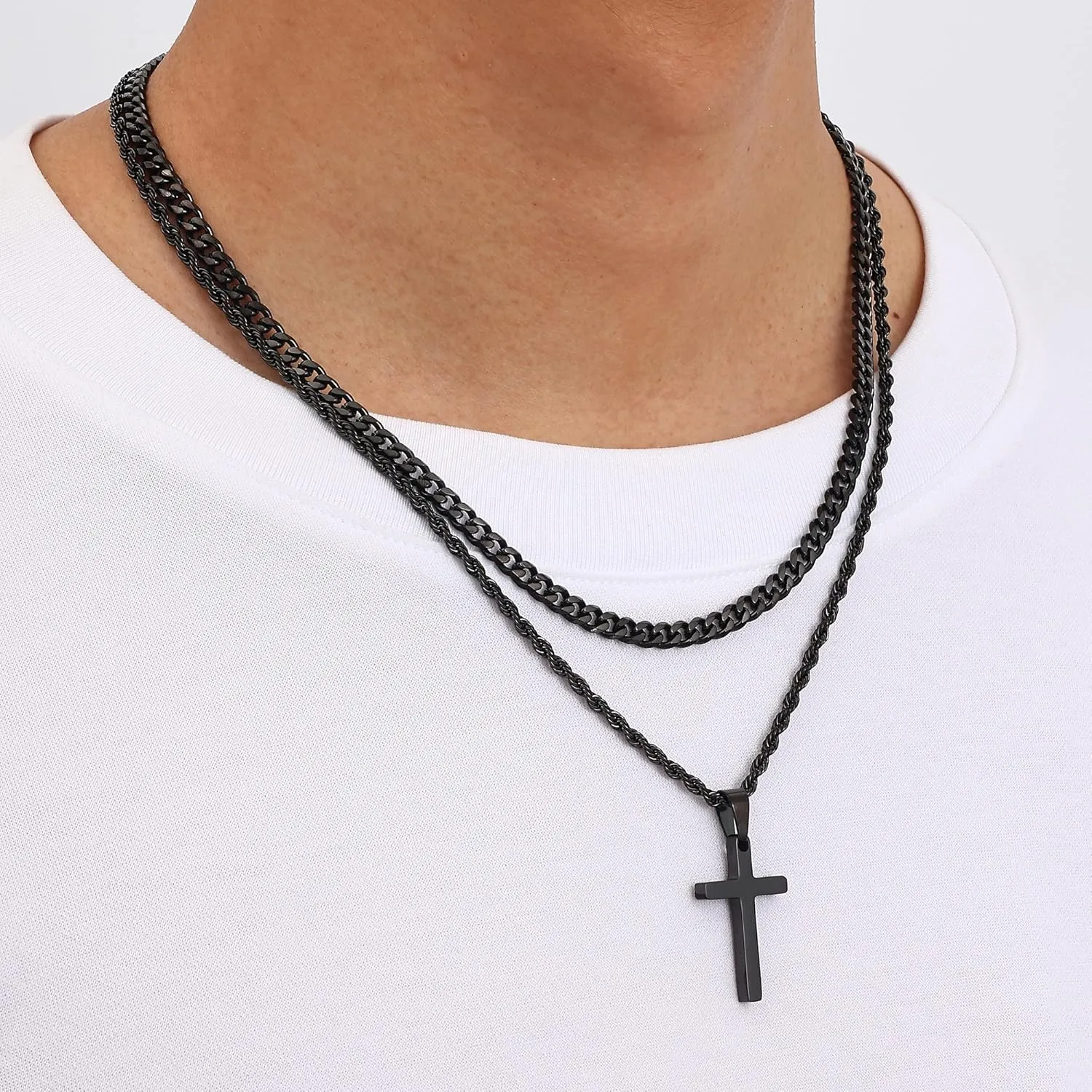 Fiusem 2 Pcs Cross Necklace Chain for Men and Women, Layered Mens Cross Necklaces Stainless Steel Pendant Cuban Link Rope Chain 16-26 Inch, Jewelry Gift