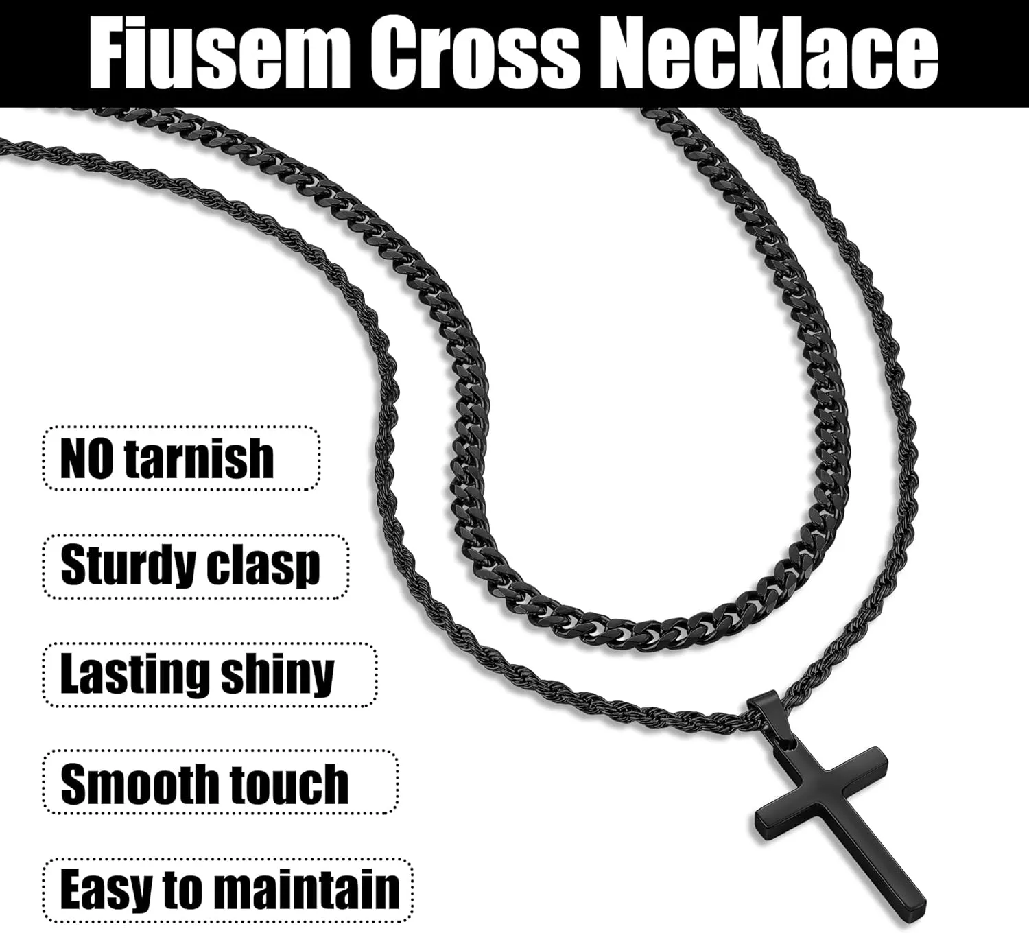 Fiusem 2 Pcs Cross Necklace Chain for Men and Women, Layered Mens Cross Necklaces Stainless Steel Pendant Cuban Link Rope Chain 16-26 Inch, Jewelry Gift