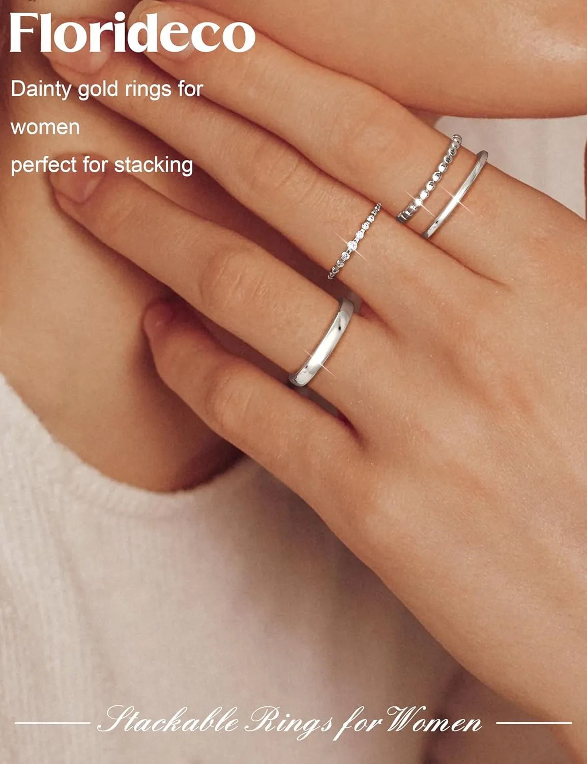 Florideco Gold Stackable Rings for Women, Non Tarnish Half Dainty Cubic Zirconia Rings, 14K Gold Plated Thin Minimalist Wedding Band Rings Set, Trendy Statement Stacking Rings Set Size 5-10