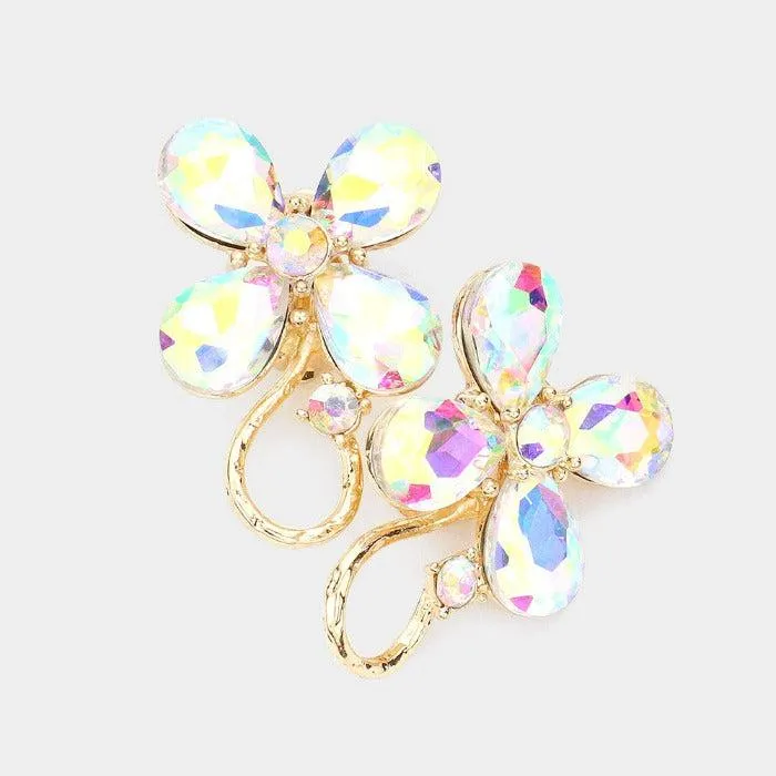 Flower Aurora Borealis Crystal Evening Clip On Earrings