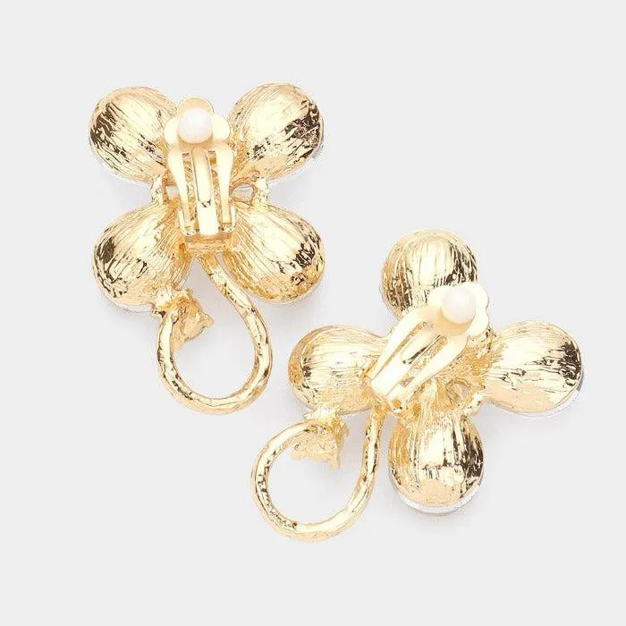 Flower Aurora Borealis Crystal Evening Clip On Earrings