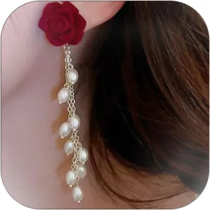 Flower Tassel Earrings for Women Velvet Rose Pearl Tassel Earrings Red Flower Pearl Earrings Jewelry Gifts