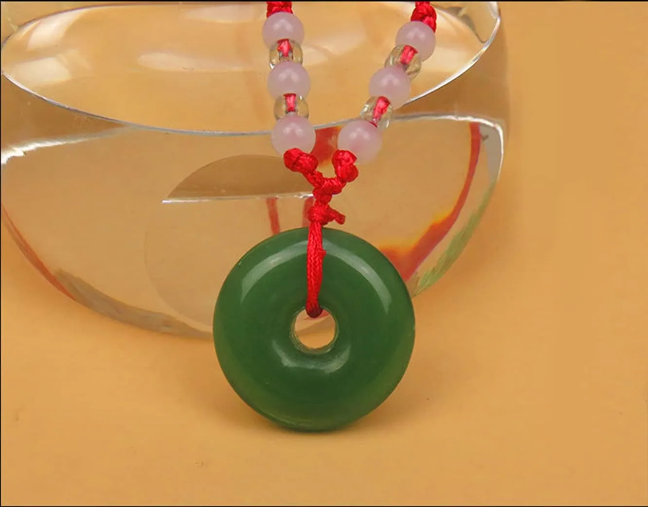 FORUBUS Green Jade Buddha Circle Red String Pendant Necklace - Chinese Traditional Amulet for Luck and Protection