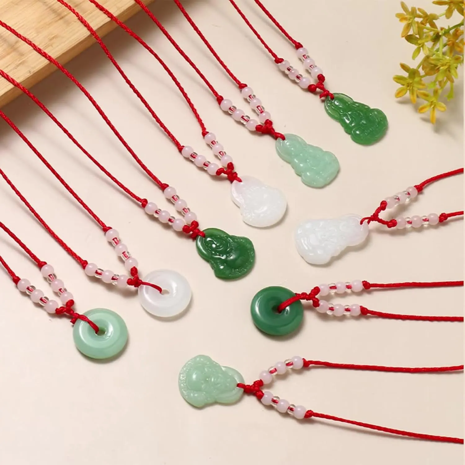 FORUBUS Green Jade Buddha Circle Red String Pendant Necklace - Chinese Traditional Amulet for Luck and Protection